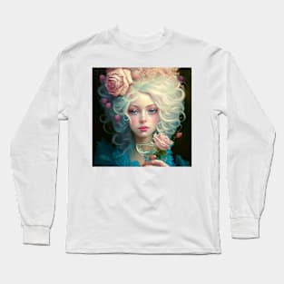 Marie Antoinette with afternoon wine and pink roses Long Sleeve T-Shirt